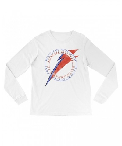 David Bowie Long Sleeve Shirt | Red And Blue Aladdin Sane Logo Distressed Shirt $9.58 Shirts